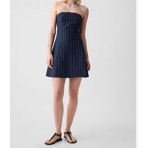 Linen Strapless Mini Dress - Navy Pinstripe